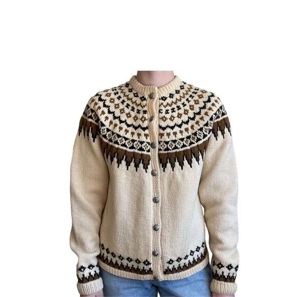 Vintage 1960s Womens Hand Knitted in Norway Fair Isle Wool Brown Tan Cardigan M - Picture 2 of 9